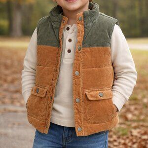 Tommy Bahama Kids Puffer Vest 5T Brown Corduroy Quilted Snap Front Pockets Layer